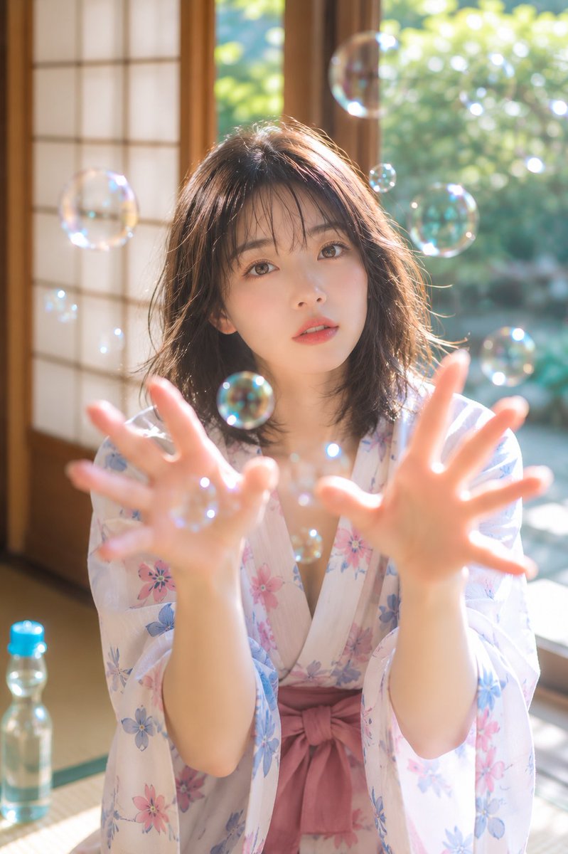 Fingertips Chasing Bubbles In Yukata