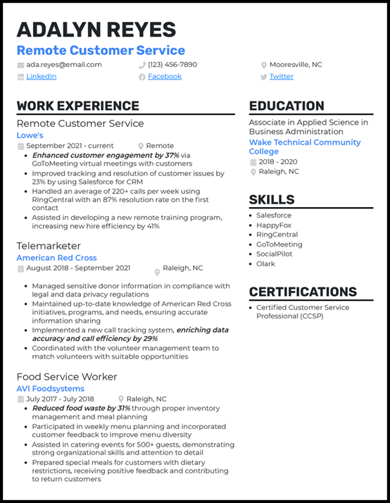 remote customer service resume example