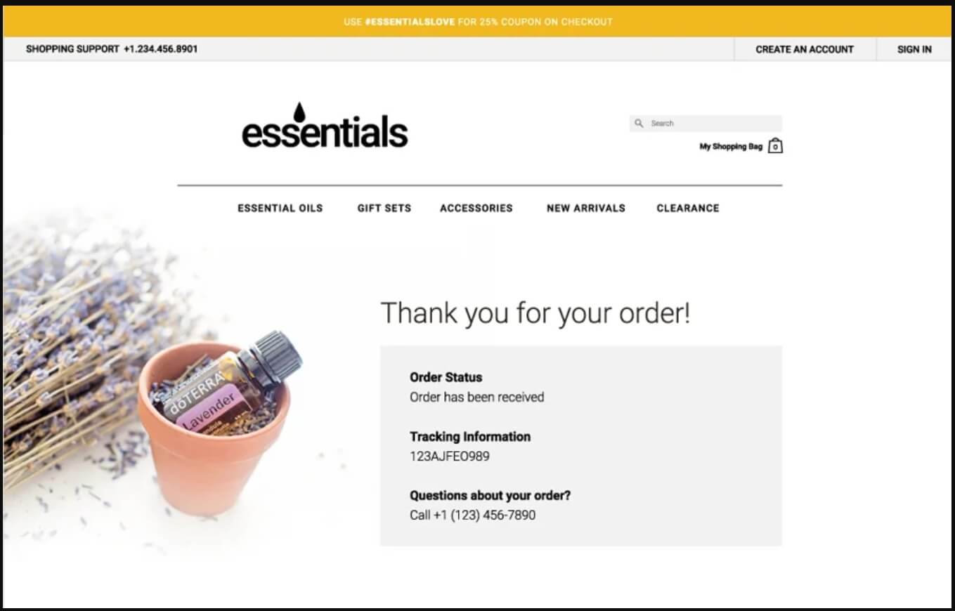 thank you page from Essentials Shopify
