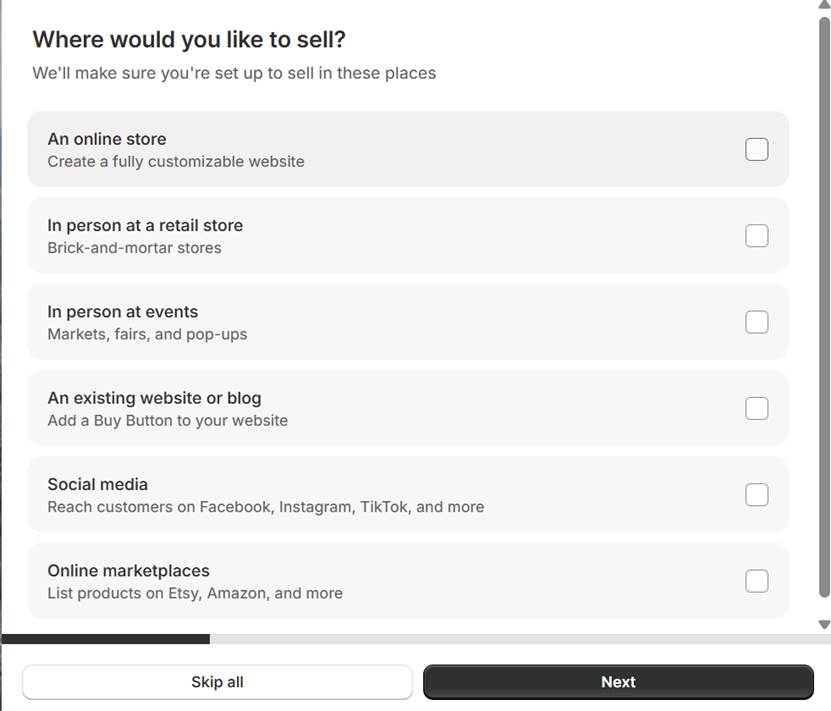 fill up Shopify store info