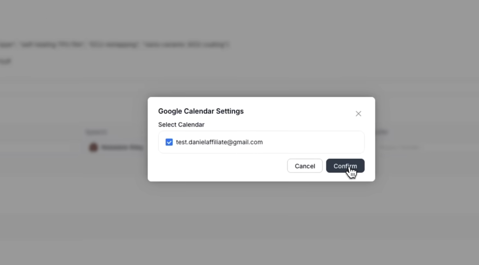Google Calendar authentication dialog in Solvea, selecting a Gmail account before clicking Confirm