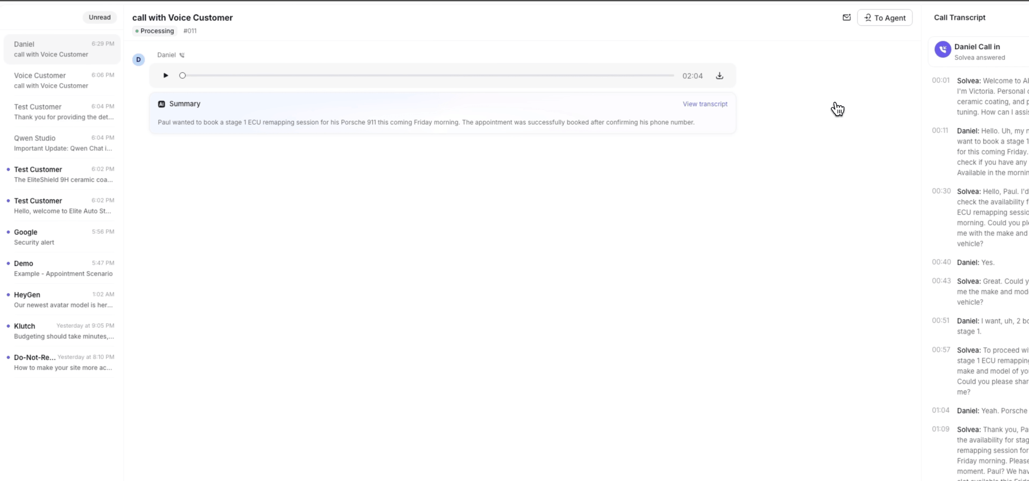 Solvea unified inbox showing a completed booking call with auto-generated summary and full call transcript
