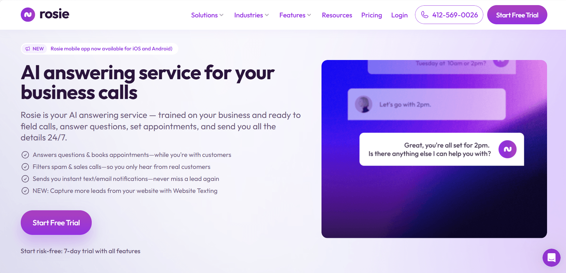 Rosie AI answering service homepage showing virtual receptionist software features for booking appointments and filtering spam calls for small businesses.