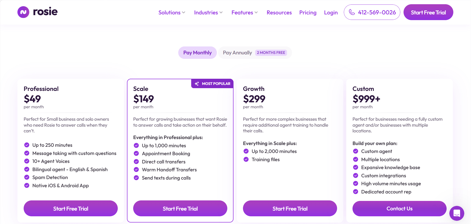 Rosie AI Receptionist pricing tiers Professional $49,Scale $149, Growth $299 per month