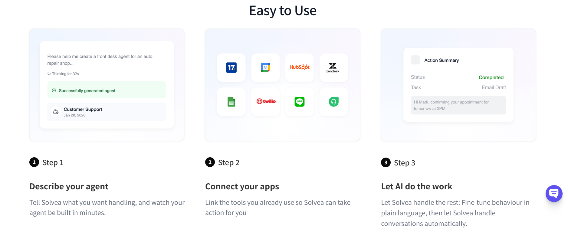 Easy-to-use AI scheduling workflow in Solvea describe agent, connect apps, let AI handle reminders, cancellations, and real-time rescheduling to reduce healthcare no-shows.