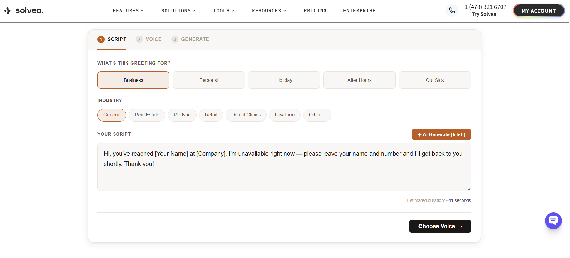 Solvea's free voicemail greeting generator