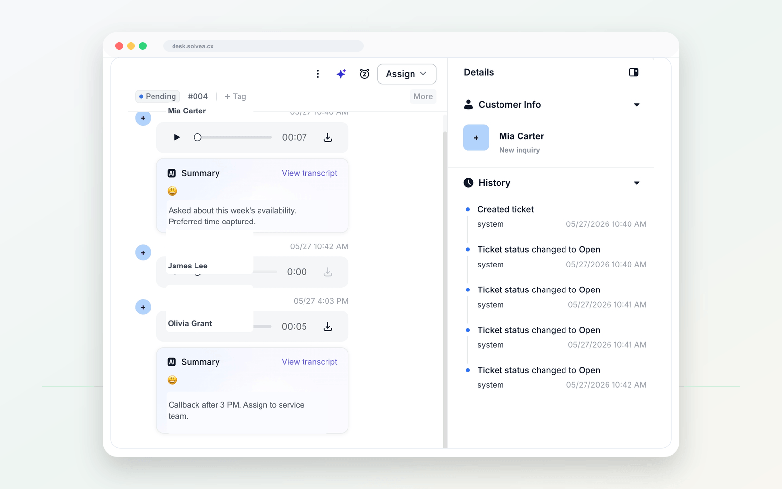 Customer conversation context in Solvea PC Desk