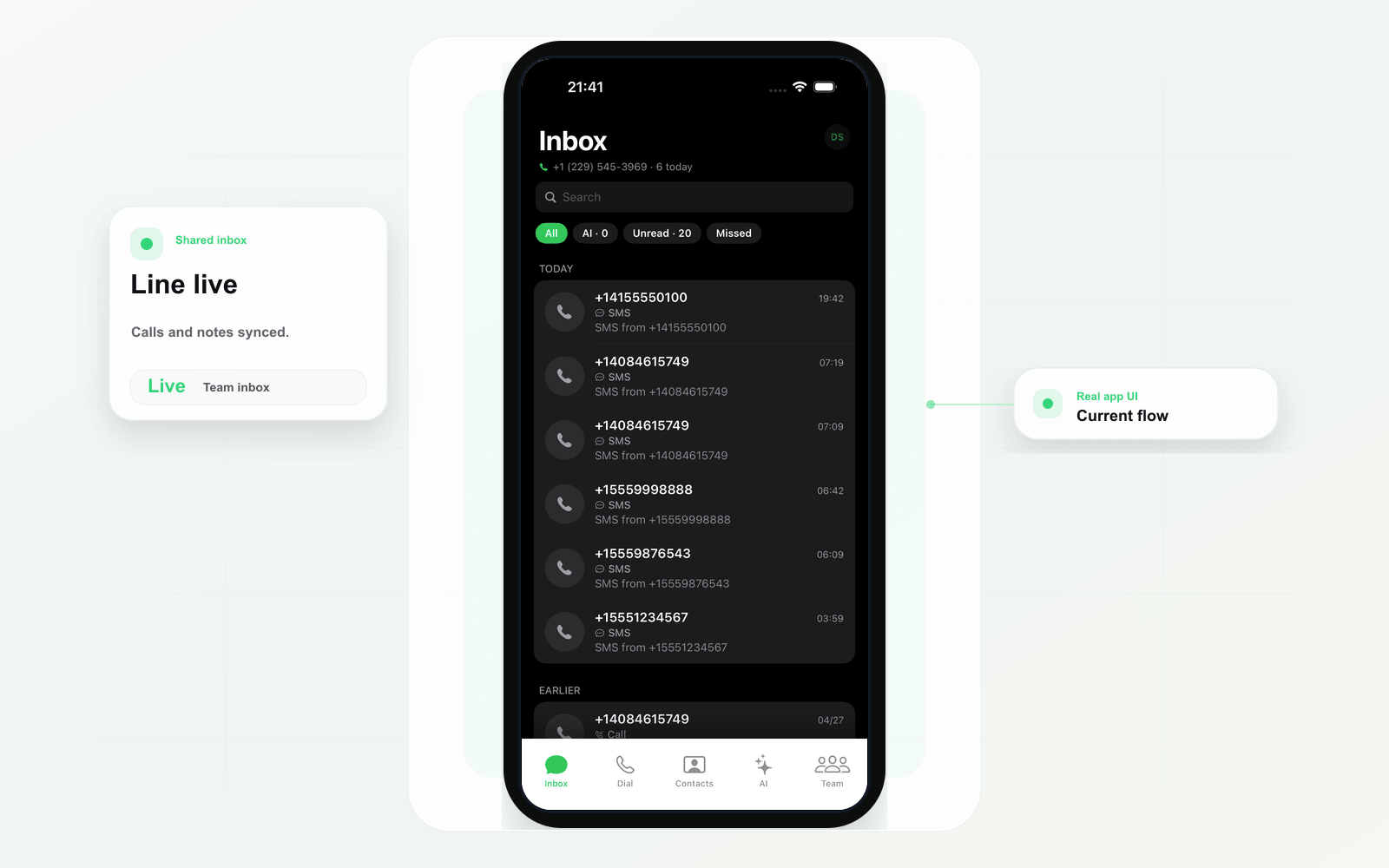 Solvea app active business line and synced inbox