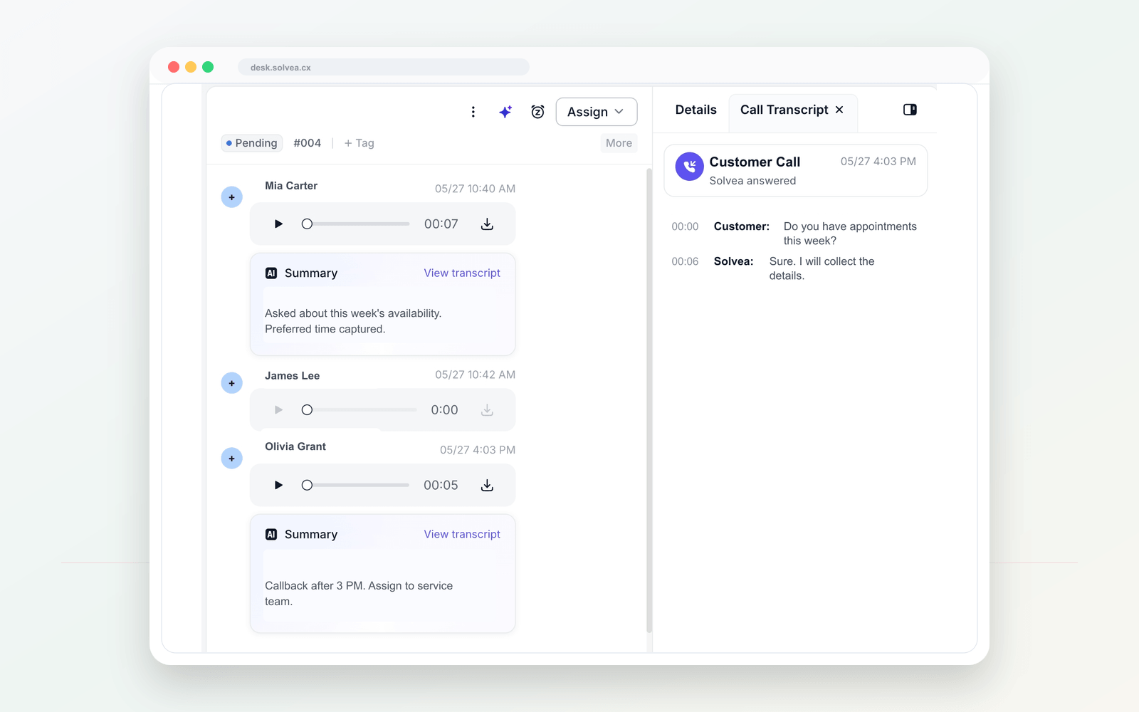 AI call summary and transcript in Solvea PC Desk