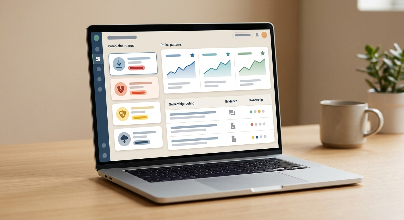 customer feedback analysis software for ecommerce dashboard showing complaint themes and praise patterns