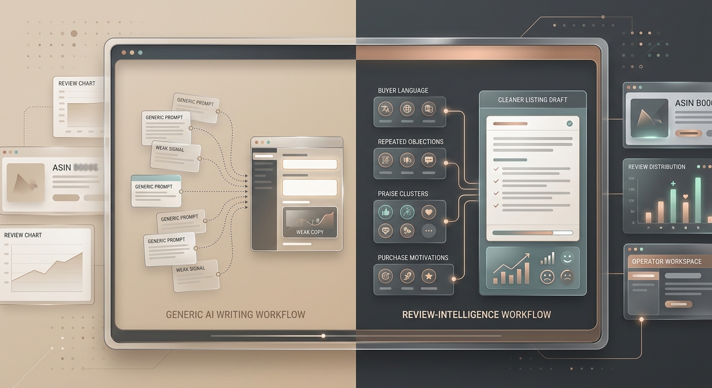 amazon review analysis tool workflow comparing generic ai copy prompts with review-grounded listing inputs