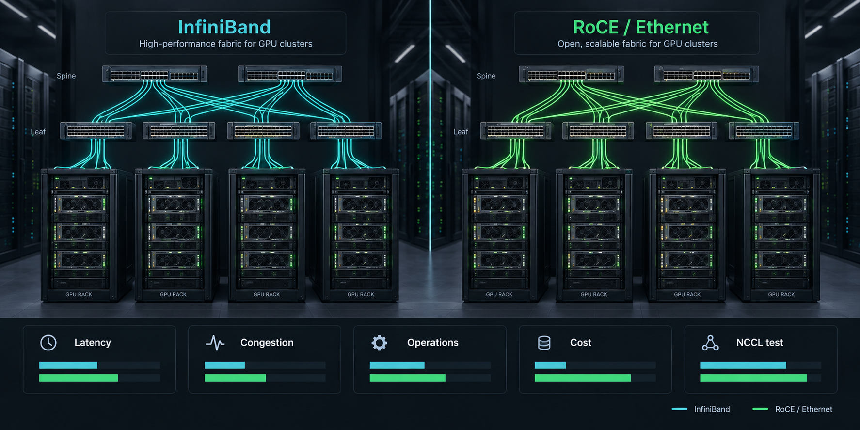 RoCE vs InfiniBand untuk Klaster GPU: Latensi, Operasional, dan Biaya